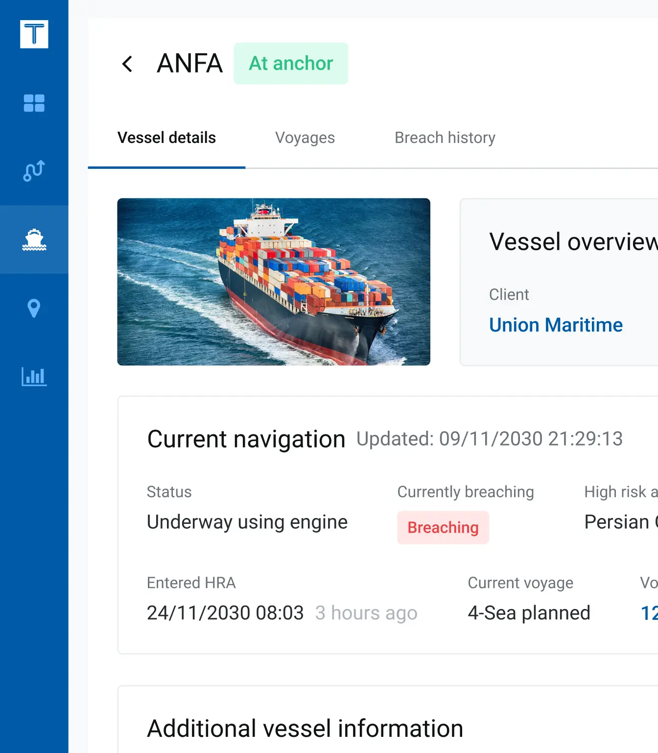 Ship information page from Tysers