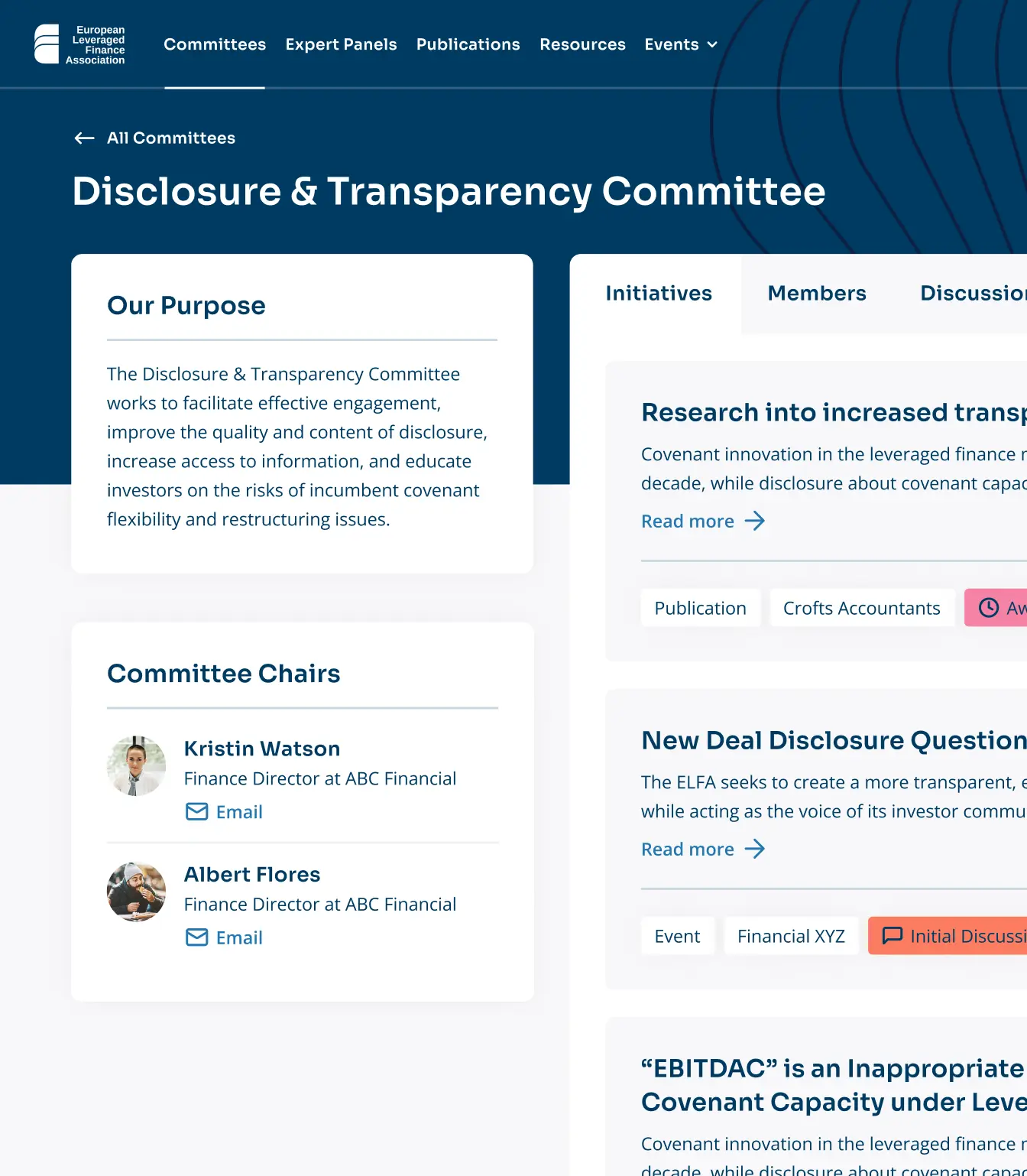Committee page from the ELFA members platform